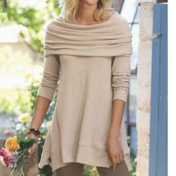 Soft Surroundings B'Call Tan Soft Knit Cowl Neck Tunic Top Size Medium - Picture 1 of 7